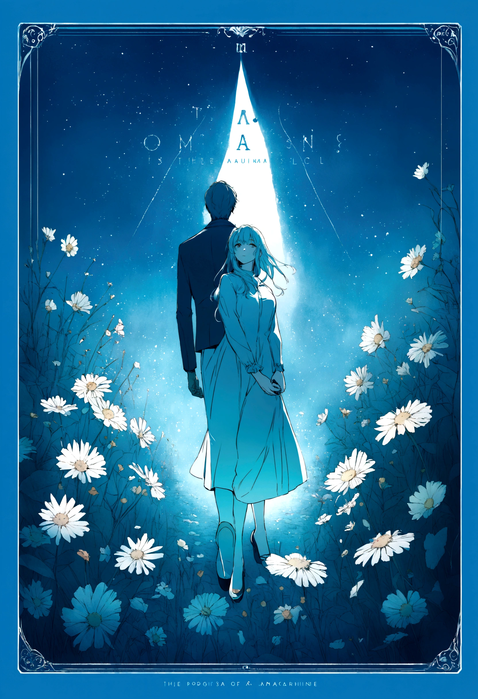 Couple, a man is holding a woman's hand , there is a poster of a man and a woman walking through a field of flowers from far angle , . digital art, by Marshall Arisman, cover illustration, , book cover illustration, by Brigette Barrager, album cover, novel cover art for a book, art concept for a book cover, cover art, official fanart, romance book cover style, by Ayami Kojima, mazarineee, album art, album cover!, aquamarine, the album is called tripmachine, detailed fanart, detailed photo of an album cover, blue theme