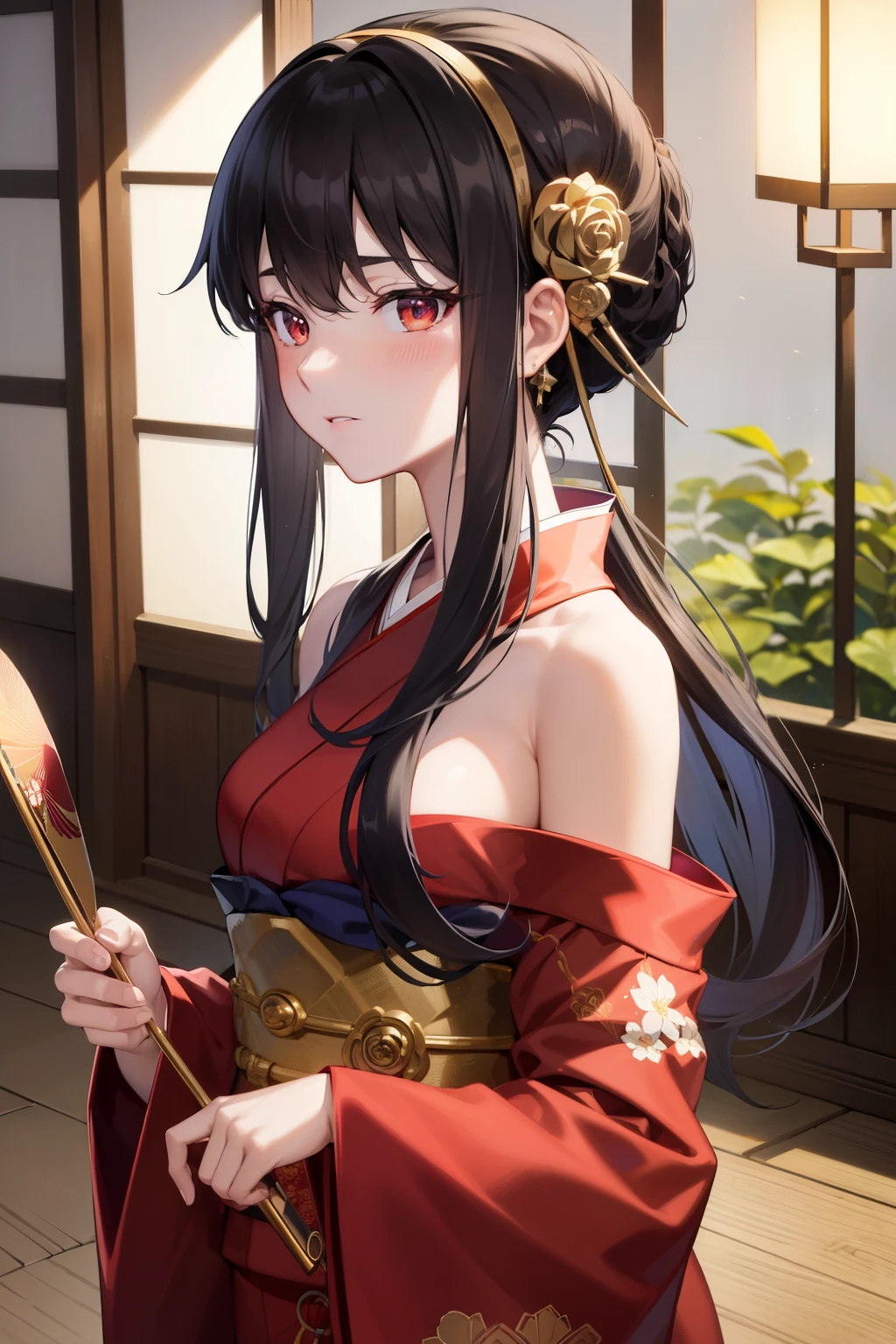 Masterpiece, highres, high Quality, ultra-detailed, Anime, yujo, solo, Rin Tohsaka, black hair, colorful kimono, floral pattern, red obi, open obi, long sleeves, exposed shoulders, tall, elegant pose, holding a fan, closed eyes, intense focus, (in a dimly lit room), (expressing deep determination), beautiful, world-class quality, high resolution, shaded, detailed face, expressive eyebrows, rosy cheeks, (in traditional Japanese attire), (a sense of mystery and power).