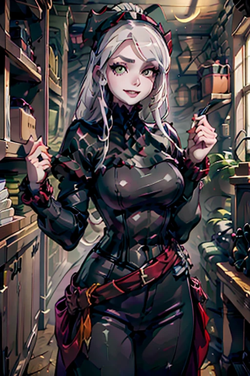 A young white haired woman with green eyes and an hourglass figure in a leather jacket and jeans is sorting skulls in a Gothic storage room with a big smile