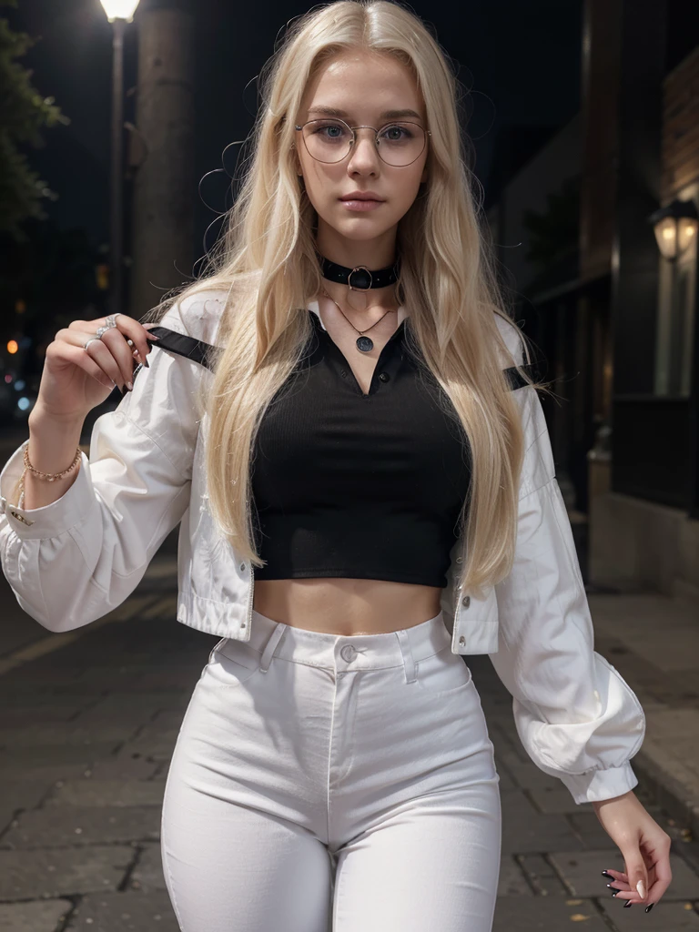 Girl 20 years old, European, long white hair, blue eyes, deep gaze, measurements 120-60-90, ((Best Quality, 8k, Masterpiece: 1.3)), Full Body, Light Focus: 1.2, Outstanding Beauty Style: 1.4, Slim Abs: 1.2, ((Blond Hair, Large: 1.2)), (Night, Outdoor: 1.1), highly detailed skin and face texture, detailed eyes, double eyelids. wearing tight white shirt with black jacket and black pants, professional portrait, wearing collar, white hair, necklace, watches, rings, black glasses, long black manicure nails, semi-transparent top