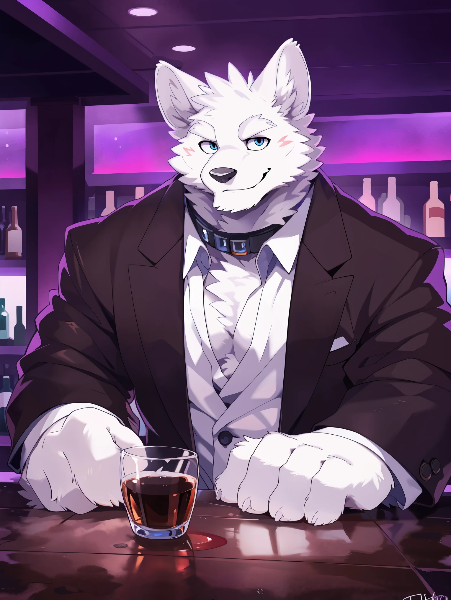 ((all white fur:1.5)), solo, Perfect sky blue eyes, Spike Collar, (artist:Takemoto Arashi), Mature face, elder, longeyelashes, ((Thin and tall figure)), ((sit on the ground)), fang out, Smile evilly, oral invitation, maliciously, Wearing a suit, Bar interior scene, bar, Movie Light Effects, Movie Posters, Holding a red wine glass, Reveal most of the background, atmospheric perspective, super detail, high details, 8k