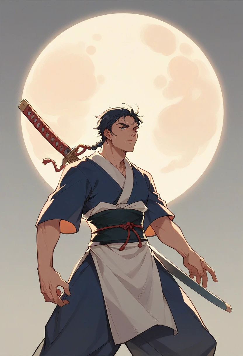 a samurai meditating under the full moon with his sword
