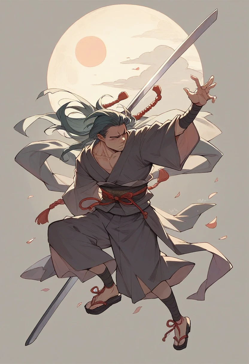 a samurai meditating under the full moon with his sword