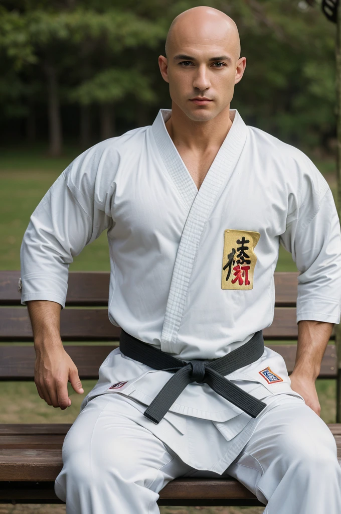 ((8k ((best quality)), ((masterpiece)), (very detailed), real face bald male muscular male upper body wear karate suit sit on bench