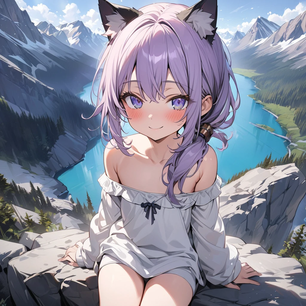 ((Masterpiece)), ((best quality)), (Anime:1.3), (super detail:1.2), (High Definition:1.3), (Professional Photography:1.3), (wide shot), (sharp focus), (perfect light), (()), (1girl), put on cat ears, cute teenage girl, smile, (messy long ponytail), pale purple hair, cute eyes, (Healthy slim body), (slightly Off-shoulder long sleeves), ((white long sleeves)), black inner, high res, ((beautiful eyes)), BREAK, ((best quality)), (super detail:1.2), Beautiful Cliffs over 100 meters above sea level, (Relaxed sitting on the edge of great rock), ((Canadian Rockies)), summerday, Beautiful Mountains Background,