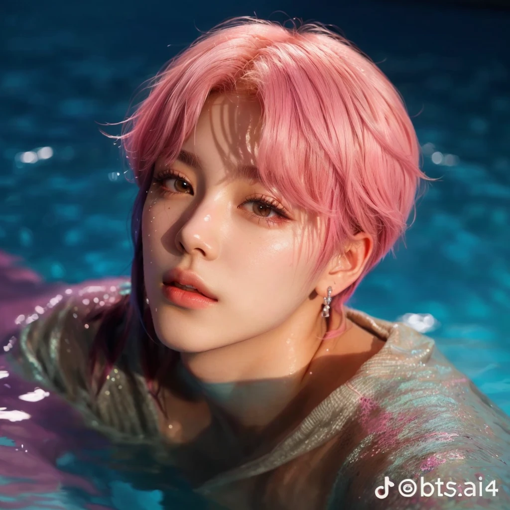 um close de uma pessoa em uma piscina with pink hair, Jimin, park Jimin, Jimin\the full lips, Jimin\the Greek nose, Jimin\the right eyelid is swollen, ✏️🎨, with pink hair, BTS, accurate Jimin face, Retrato de Jossi do Blackpink, Kim Doyoung, inspired by Bian Shoumin