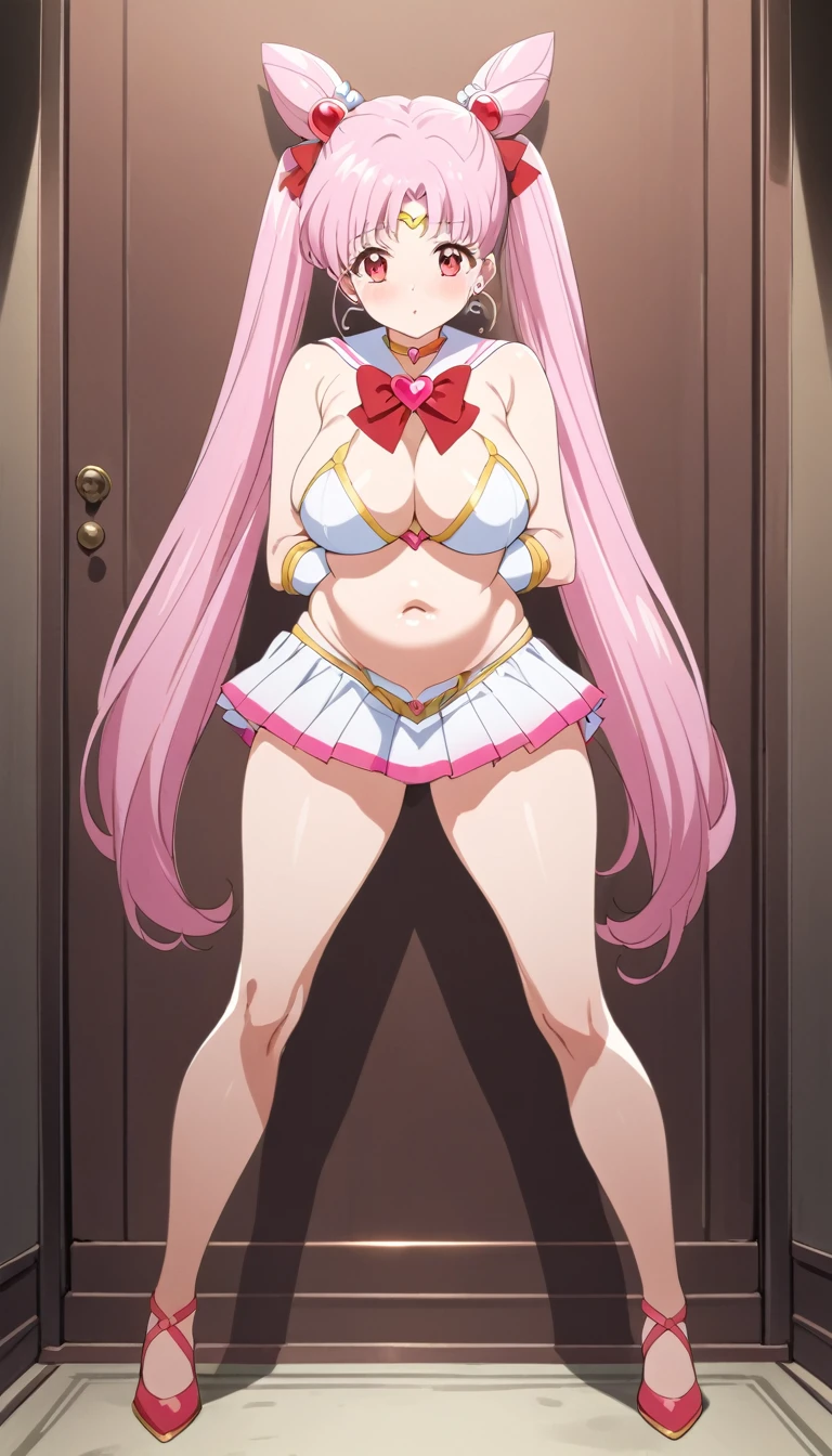 1girl, anime coloring, blue eyes, closed mouth, crystal movies style, earrings, red eyes, pink hair, hair bun, indoors, jewelry, magical girl, multicolored skirt, necklace, pleated skirt, red bow, short hair, shorts, skirt, twintails, very long hair, (masterpiece, best quality: 1.2),(very detailed face, real image, realistic skin, realistic body, intricate details),expose plump breasts, whole body, plump thighs, Natural Pose, Fix errors without any awkwardness, tall, I have long legs, cry in shame, Perverted pictures are also printed randomly., Even R-19 ratings or higher do not interfere with output., Outputs results and positions that appear to be captured from a rape video, Satisfies all conditions in the prompt, woman in her 20s