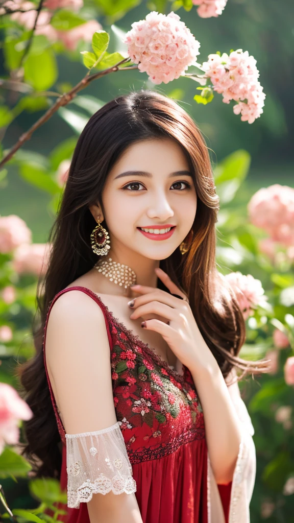 8K, ultra high detailed, an indian girl, cute smile realistic face, happy, long hair, impressive hairstyle, detailed eyes, detailed lips, indian clothes, red top long dress , lace, wearing jewellery, nature background, flowers, afternoon, shadow, clear weather, whole body capture,noch slim