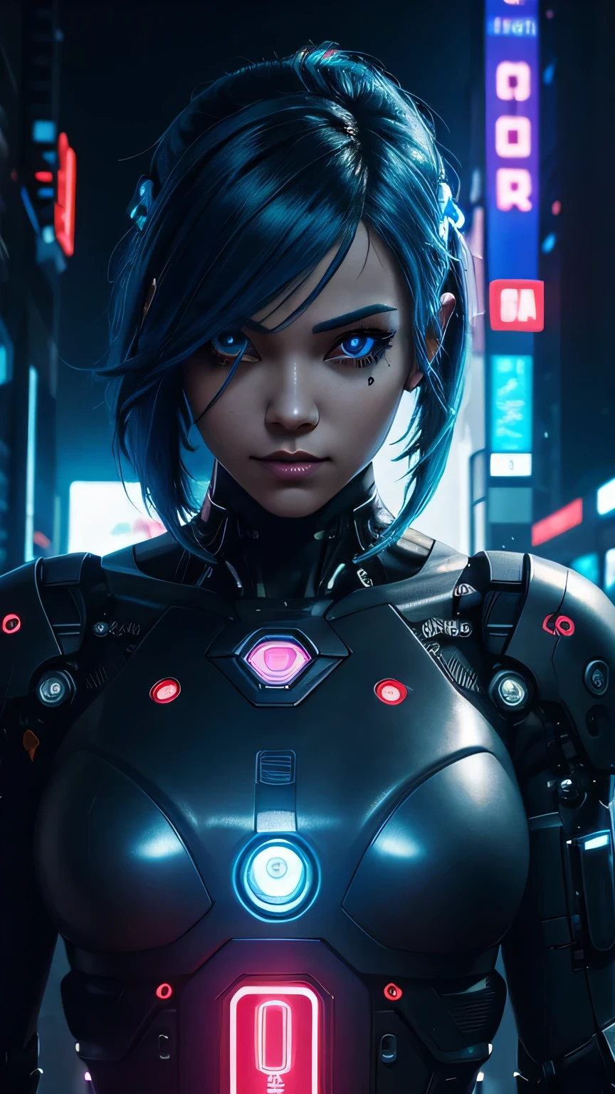 cyborg girl, robot hand, black eyes, cyberpunk city background, neon light, blue hair, masterpiece, ultra high details