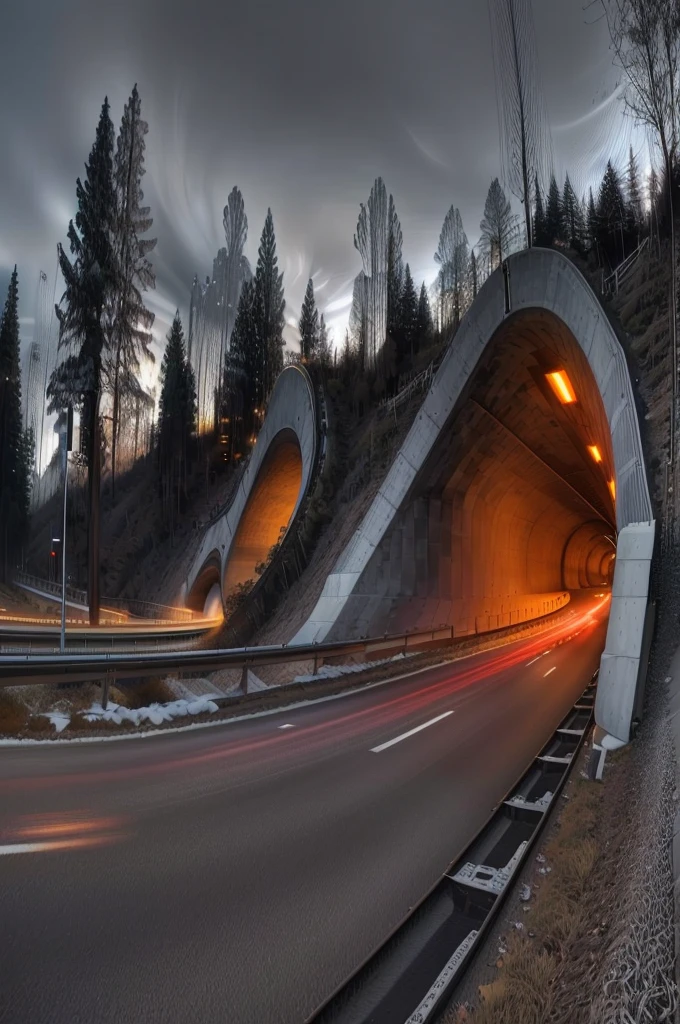 a awe-inspiring view of a long curving tunnel with a car driving through it, intricate interchanges, curved architecture, winding bridges, advanced high-speed highway, long exposure shot, tunnels leading to different worlds, serpentine curves, tunnels, curving perspective, by Erik Ortvad, tunnels, long exposure photograph, long exposure, highway, Norway, flowing curves, truck