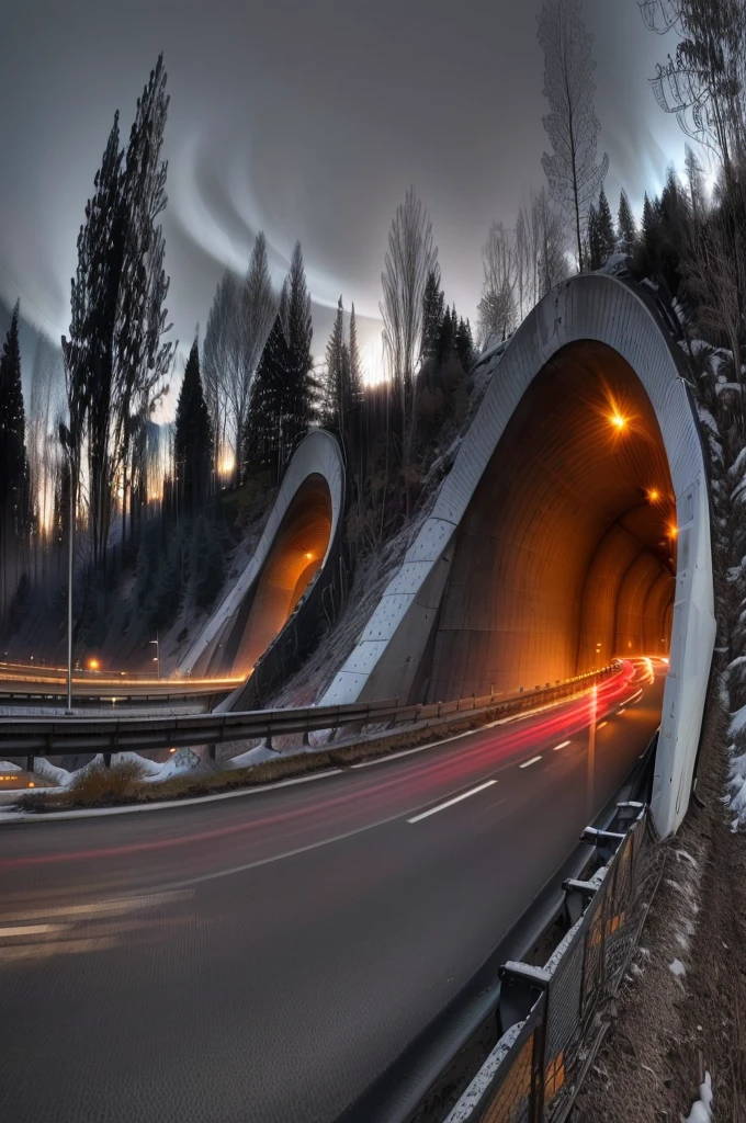 a awe-inspiring view of a long curving tunnel with a car driving through it, intricate interchanges, curved architecture, winding bridges, advanced high-speed highway, long exposure shot, tunnels leading to different worlds, serpentine curves, tunnels, curving perspective, by Erik Ortvad, tunnels, long exposure photograph, long exposure, highway, Norway, flowing curves, truck