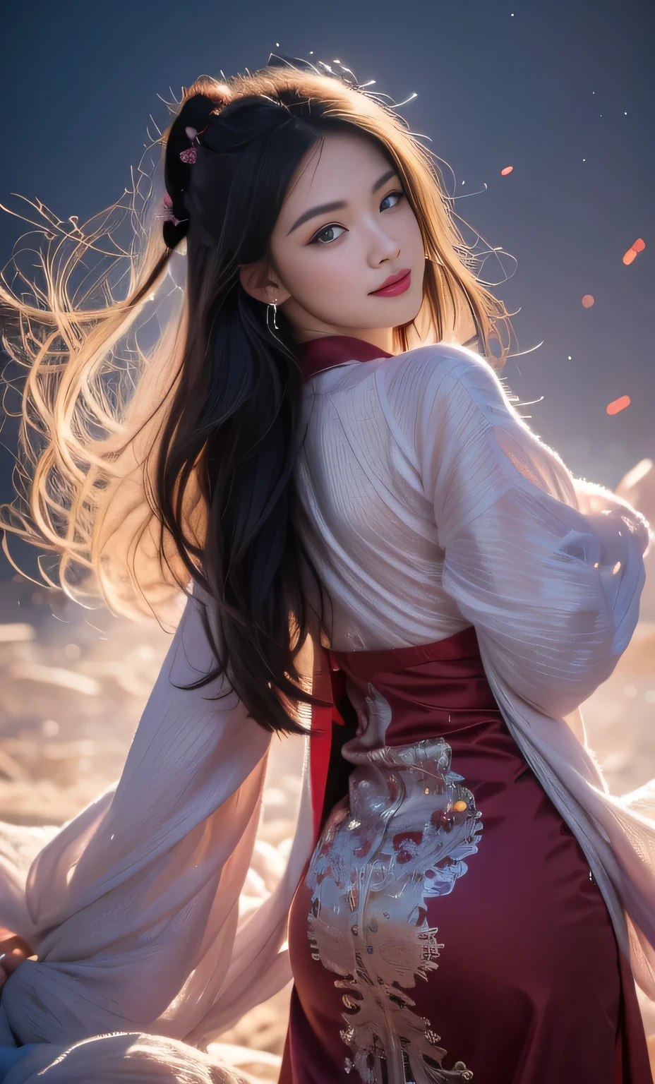 hair bobbles, wince, longeyelashes, solid circle eyes, light smile, ear blush, fang, ccurate, Surrealism, drop shadow, anaglyph, stereogram, tachi-e, ass pov, atmospheric perspective, 8K, super detail, best quality, best quality, high details, anatomically correct, uhd, retina, masterpiece, textured skin, high quality, highres, award winning, super detail, accurate,1 girl, miss, Handsome, ink, Chinese armor, ((2.5D)), Black Hair, Flowing hair, Exquisite eyes, Black and red ancient brocade Hanfu, Field of view, (f1.8), (masterpiece), (Portrait Photography), protrait photo, White background, (poster)