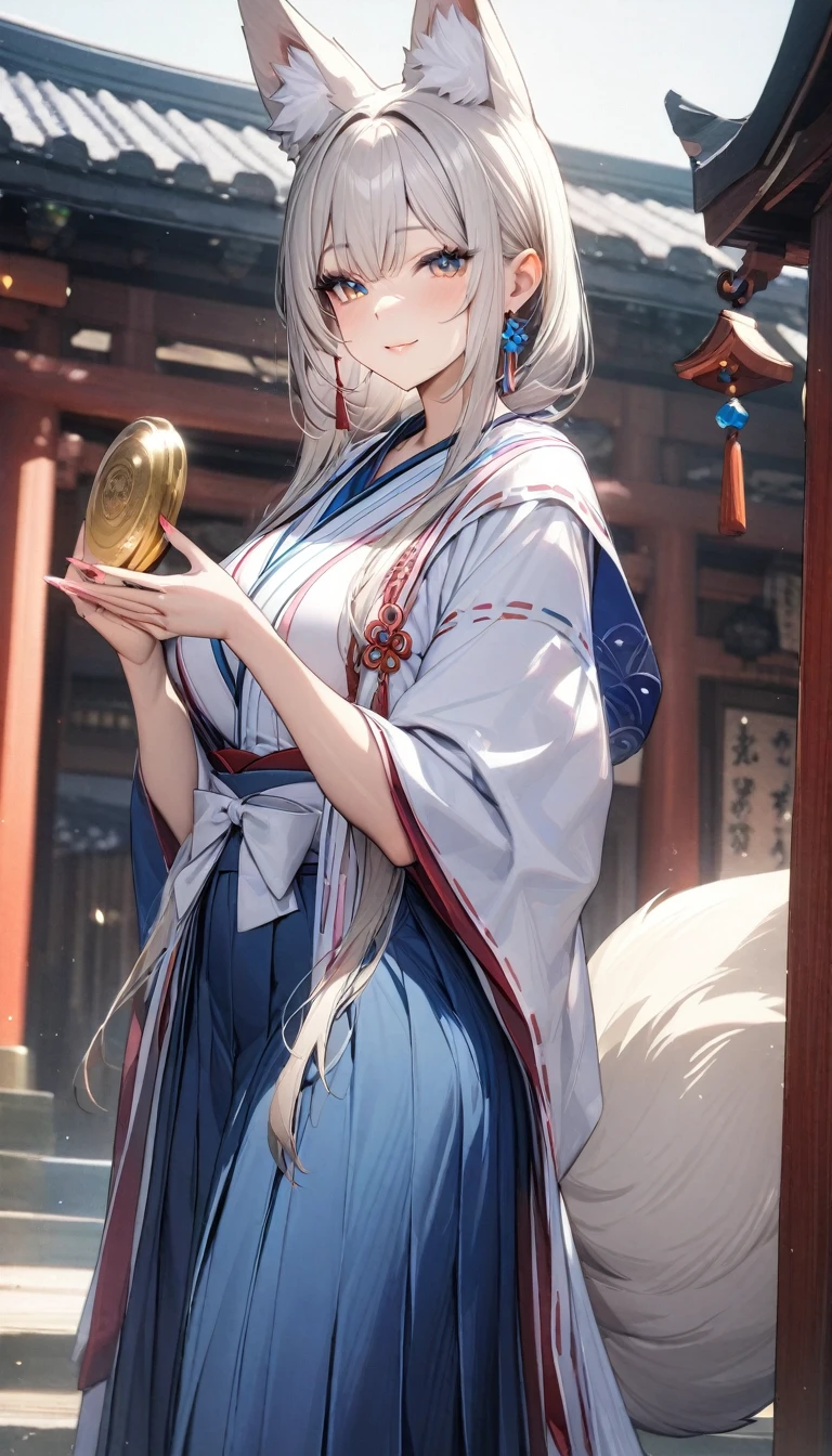 ((最high quality, 8K, masterpiece)), High resolution、（high quality: 1.5）、Very detailed、Detailed face、Bright colors、Natural light、Fine grain、Colorful eyes、Beautiful Face、非常にDetailed faceのテクスチャの女性,masterpiece, 最high quality, Detailed and beautiful eyes,最high quality、Best image quality、masterpiece,Shrine maiden,Shrine maiden服,hakama,shrine,Fox ears,Fox Tail,Solemn,Main God,pray,(side view),side ,Silver Hair,Fox,mature female,smile,Just beautiful,masterpiece,最high quality、so beautiful,High resolution,1girl, 独奏,make up,smile,make,(masterpiece:1.2)、(最high quality:1.2)、Latest Glossy Skin