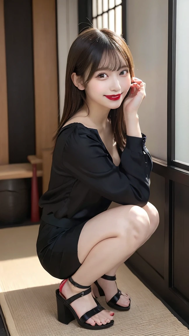 (Ultra-realistic), (An illustration), (high resolution), (8K), (very detailled), (最高のAn illustration),(CRU photo, best qualityer), (真实感, photorrealistic:1.4), Masterpiece artwork, Very delicate and beautiful, extremely detaild, 2k wallpaper, incredible, fine-details, very detailledなCGユニティ8kの壁紙, super verbose, high resolution, beautiful detailed girl, very detailledな目と顔, Beautiful detailed nose, beautiful detailed eyes,cinematic lighting,Perfect Anatomia,Perfect promotion,(a shy smile, beautiful face), ((perfect legs, perfect legs, perfect hands, perfect hands指, perfect arms, a shy smile, The mouth is perfect)), looking directly at the camera, Ear fringes and fringes、necklase、 (((beautiful japanese girl)))、 ((((((Uma beautiful japanese girl de 20))))))、(((Huge G breasts))), (((Bursting with huge breasts!!!!))), (((attractive big breasts!!!!!!!))), (((huge boobies))), (((Full body writing))), (((seductively pose))), ((photo only)), ((Bblack hair)), (((slenderbody))), (((Wearing a black V-neck silk blouse, Black Skirt, low heel sandals and red lipstick))), ((((beautiful smiling))))