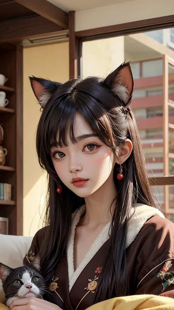 Various patterns Various colors Bushy hair Black right eye Left eye is brown 5 month old cat