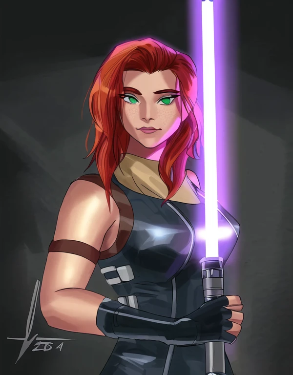 Derrick J Wyatt style, masterpiece, best quality, glowing lights, neon colors, Star Wars based environment, extremely detailed face, long eyelashes, a upper body shot of a woman (Mara Jade), long orange hair, bright green eyes, a determined look, smirking and stoic gaze. She's wearing a tight shiny black leather suit, loves, silver utility belt and high-heel boots. Her gaze is both alluring and fierce, as she holds the purple lightsaber with a delicate yet deadly grip.
