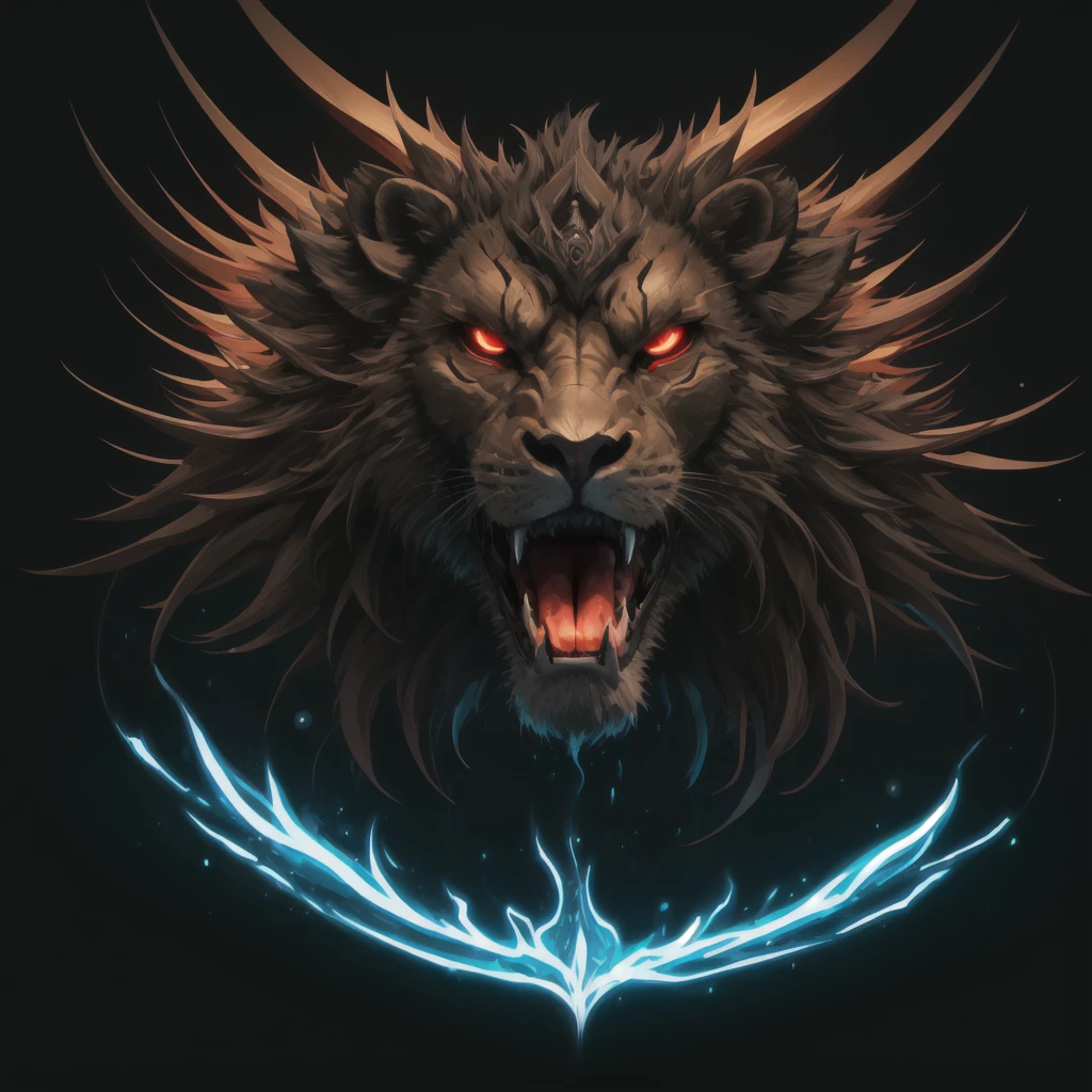 a design [lion] roarrr face, [soft neon light], sticker art, vector art, dark backgroud, and splash red blods, hight quality