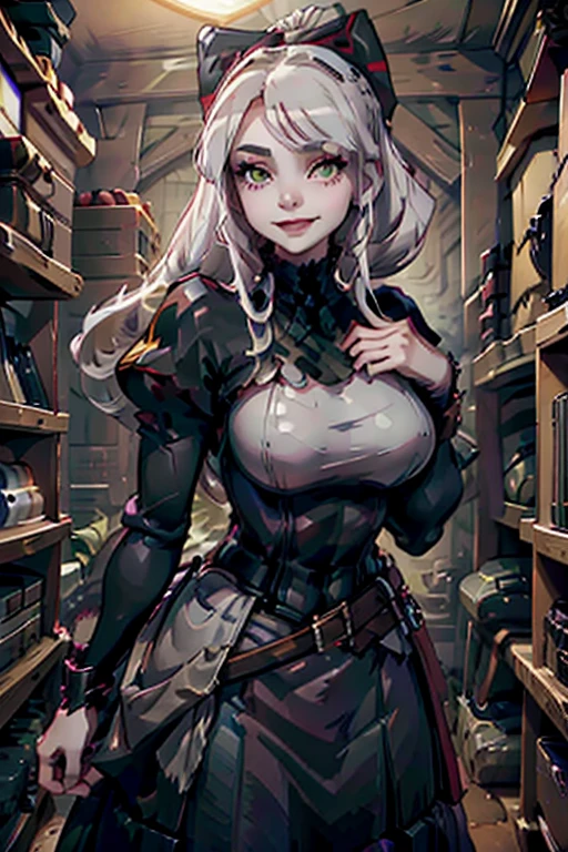 A young white haired woman with green eyes and an hourglass figure in a leather jacket and jeans is sorting skulls in a Gothic storage room with a big smile