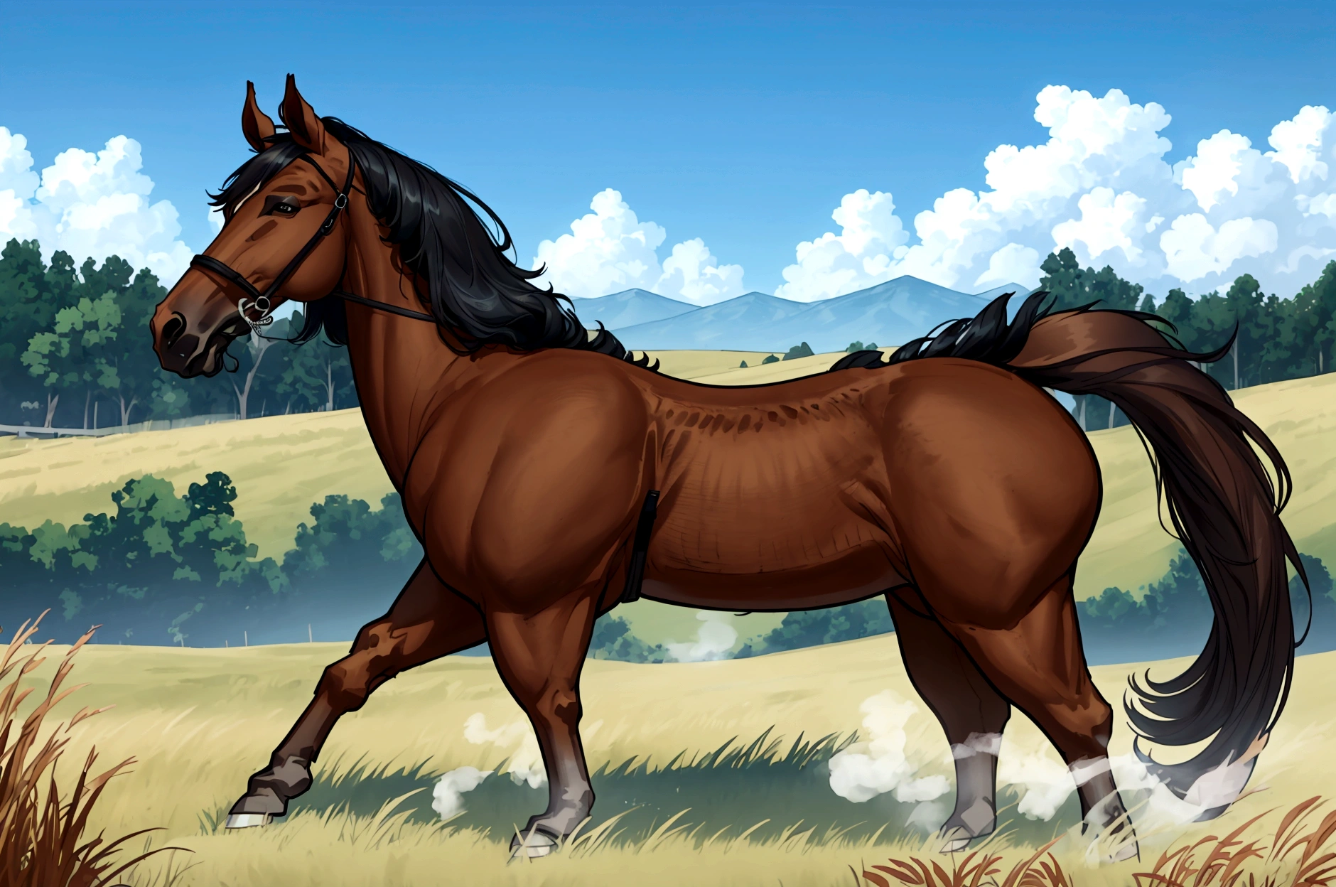 full side view of a massive Belgian draft horse mare with a huge bum and a very short tail. horse facing horizon . ridden by a fat very full figured dark skinned BBW nude African woman. flat grass meadow. looking to horizon . a single huge pile of steaming horse dung on the ground behind horse. cloudless blue sky.