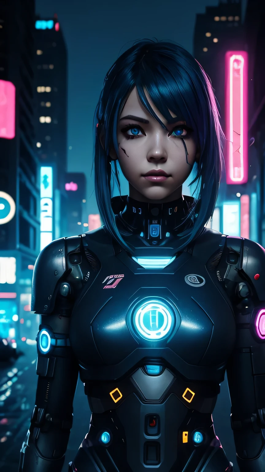 cyborg girl, robot hand, black eyes, cyberpunk city background, neon light, blue hair, masterpiece, ultra high details