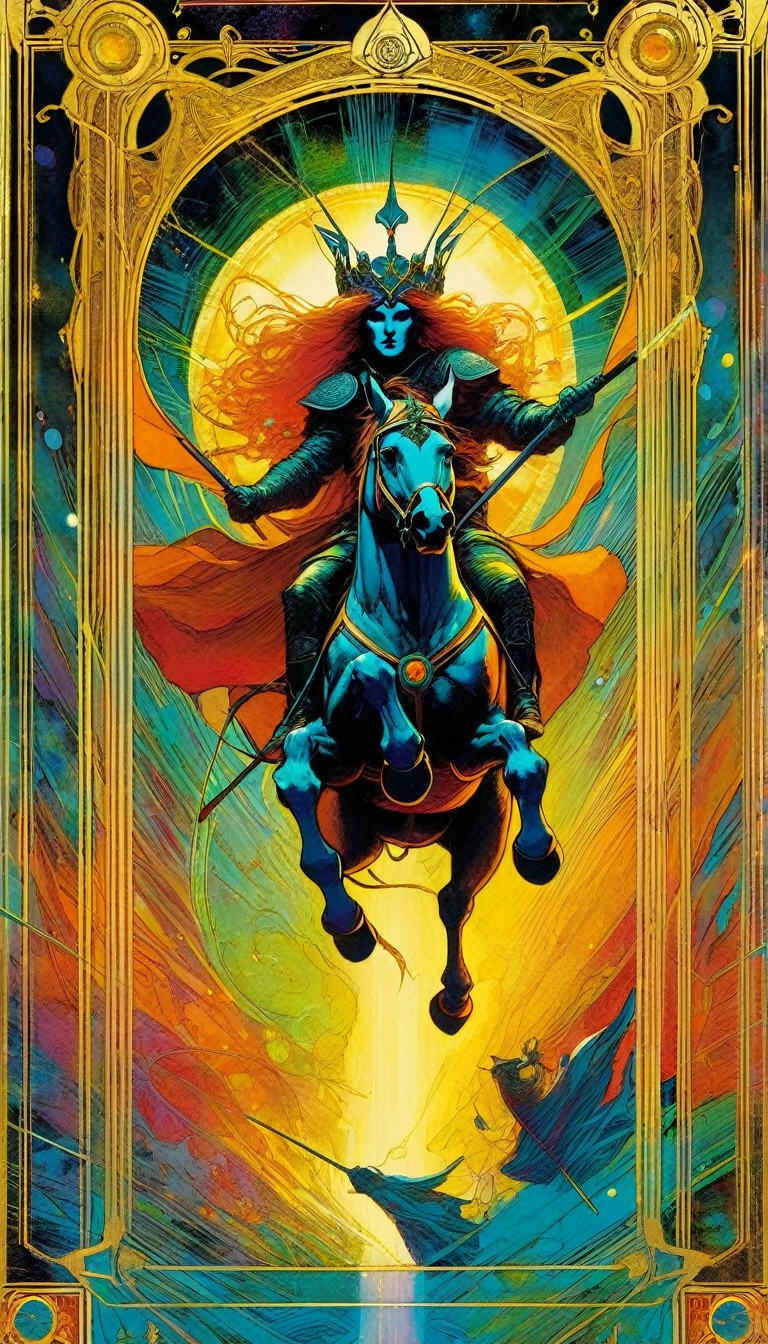 ((tarot card)) ((card frame)) , the chariot, artwork artwork by Bill Sienkiewicz, vivid colors, intricate details, oil.
