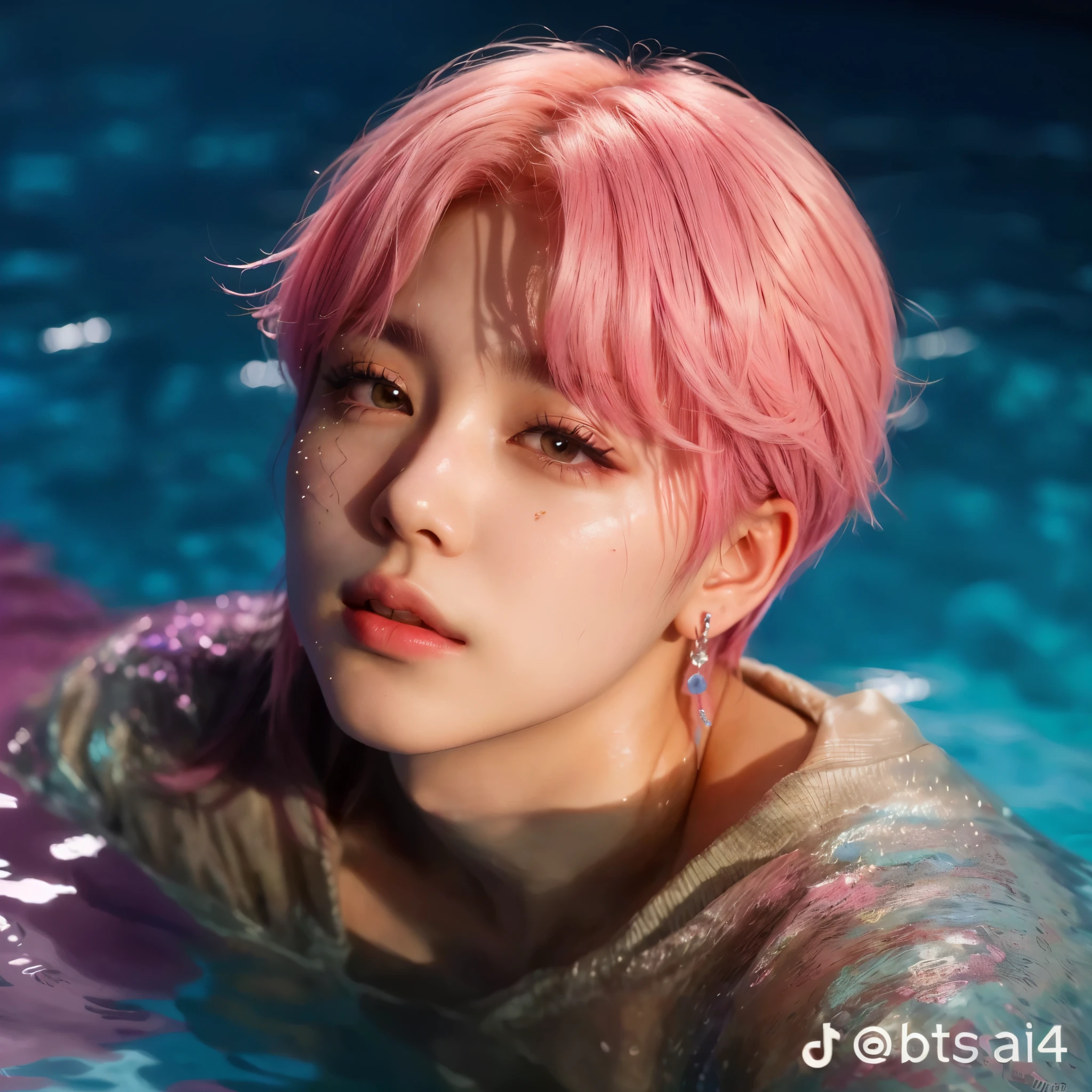 um close de uma pessoa em uma piscina with pink hair, Jimin, park Jimin, Jimin\the full lips, Jimin\the Greek nose, Jimin\the right eyelid is swollen, ✏️🎨, with pink hair, BTS, accurate Jimin face, Retrato de Jossi do Blackpink, Kim Doyoung, inspired by Bian Shoumin