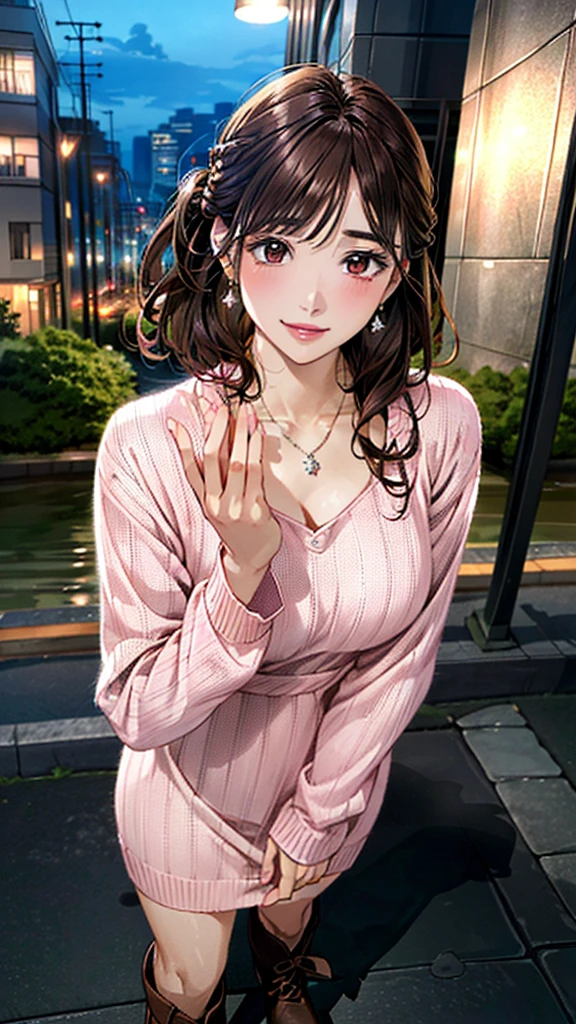 (masterpiece:1.3, Highest quality, Ultra-high resolution, Super detailed、8K), (Realistic, photoRealistic:1.4), Beautiful illustrations, Perfect lighting, colorful, Depth of written boundary, Beautiful detailed hair, Beautifully detailed face, Beautiful fine details, Droopy eyes、Beautiful clavicle, Beautiful body, 美しいLarge Breasts, Beautiful thighs, Beautiful feet, Beautiful fingers, View Viewer、Front view:0.6, Beauty1人, Japanese, Beauty、30 years old, Perfect Face, (Perfect Anatomy, Anatomically correct), Cute and symmetrical face, Baby Face, , Shiny skin, (Pink long sleeve knit A-line dress:1.4) 、(short boots:1.3)、(Dark brown hair, Updo Hair:1.4), braided bangs、Dark brown eyes, Large Breasts, Slim body, necklace, Small earrings:1.1, (Beautiful views), (night), (city, cityscape in the distance), Riverside、 A soft smile、(Smile, Lips parted),