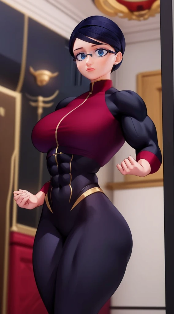 (masterpiece, best quality:1.2), 1girl, solo,Create a detailed illustration of Natalie Sancoeur from 'Miraculous Ladybug.' She a muscular female bodybuilder and her hair is dark blue and a bit red from end to the left side of head, detailed face, beautiful detailed eyes, beautiful detailed lips, extremely detailed face and muscles, long eyelashes, strong muscles bulging through suit, dynamic pose, professional studio lighting, hyperrealistic, 8k, high quality, photorealistic, physically-based rendering, concept art, dramatic color palette, ((abs)), is depicted in her usual professional attire, with a stern and composed expression. The background should be set in the Agreste mansion, showcasing elements like elegant furniture and a grand staircase, reflecting the opulent setting. Emphasize her poised and meticulous nature, highlighting her distinctive glasses and neatly tied hair. The overall mood should be serious and sophisticated, capturing her role as a competent and loyal assistant.