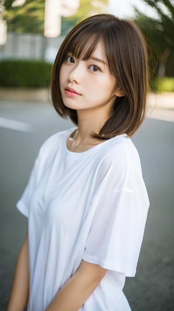 (top-quality、16K resolution)1 girl、solo、natural soft light、small tits、A Japanese Lady、Looking at the camera、white t-shirts、Concrete background、Facing the front、is standing、bobhair、Woman in her late s、Light bangs、short-hair、Salon model、Natural look、portlate、floated hair、Rolled hair