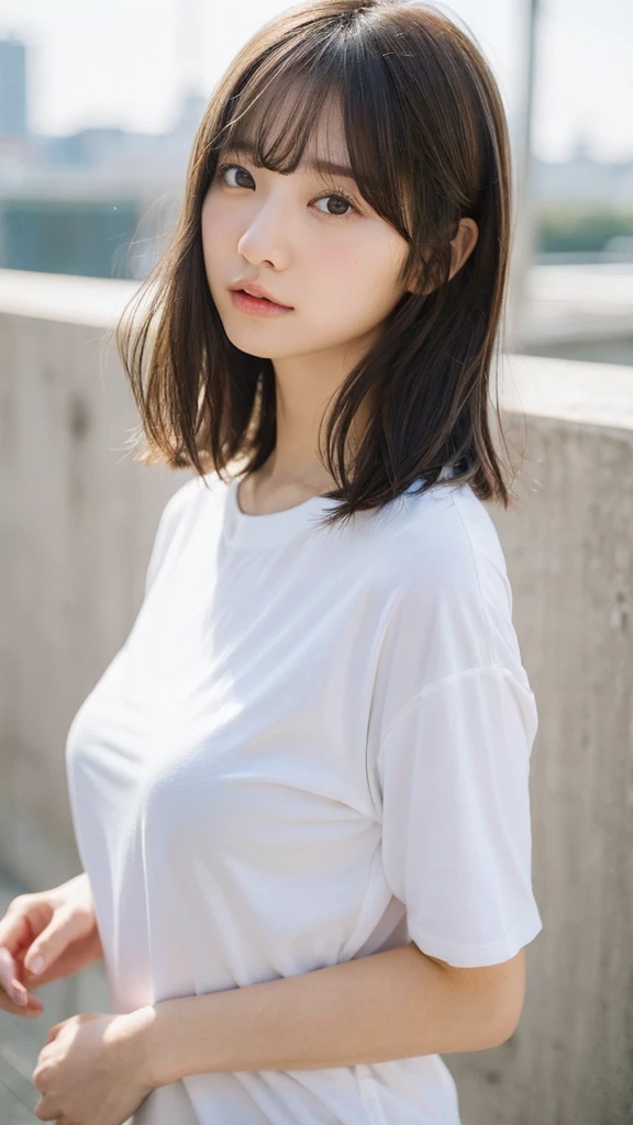 (top-quality、16K resolution)1 girl、solo、natural soft light、small tits、A Japanese Lady、Looking at the camera、white t-shirts、Concrete background、Facing the front、is standing、bobhair、Woman in her late s、Light bangs、short-hair、Salon model、Natural look、portlate、floated hair、Rolled hair