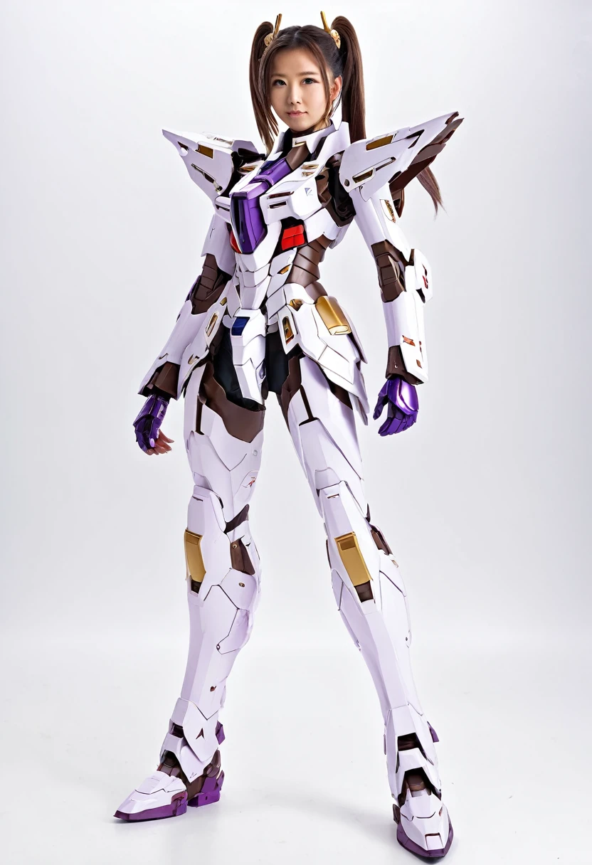 (highest quality、8K、32k、masterpiece、UHD:1.2、perfect body beauty:1.2、Wearing armor gundam a futuristic hero suit with a pale purple and white shine:1.5、rain、street、Cute 25 year old Japan woman、、ponytail、Upper body、front、simple background、looking at the viewer、dynamic pose:1.5, full body, boot gundam, very long hair brown