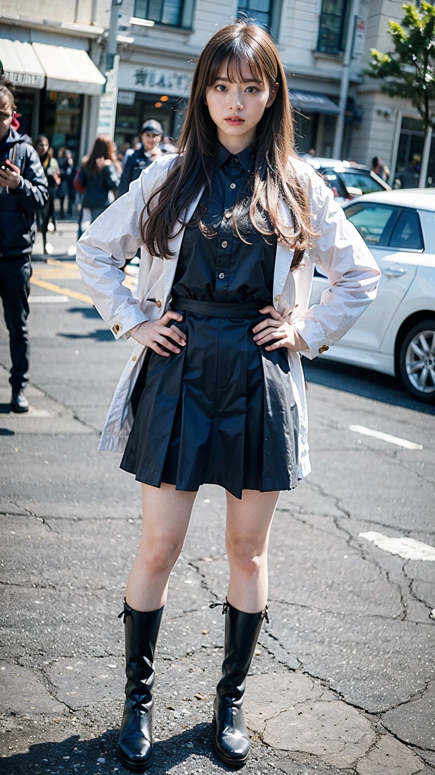 (8K、RAW Photos、Highest quality、masterpiece:1.2)、(Realistic、Photorealistic)、1 Girl、((In town、Check jacket、、Black Mini Skirt、Ribbon on chest、Blonde、Knee socks、boots、Big Breasts、Look forward、Standing with hands on hips))、