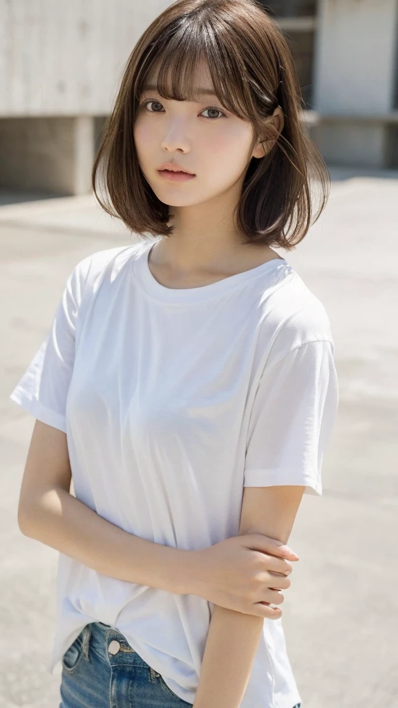 (top-quality、16K resolution)1 girl、solo、natural soft light、、A Japanese Lady、Looking at the camera、white t-shirts、Concrete background、Facing the front、is standing、bobhair、Woman in her late teens、Light bangs、short-hair、Salon model、Natural look、portlate、floated hair、Rolled hair