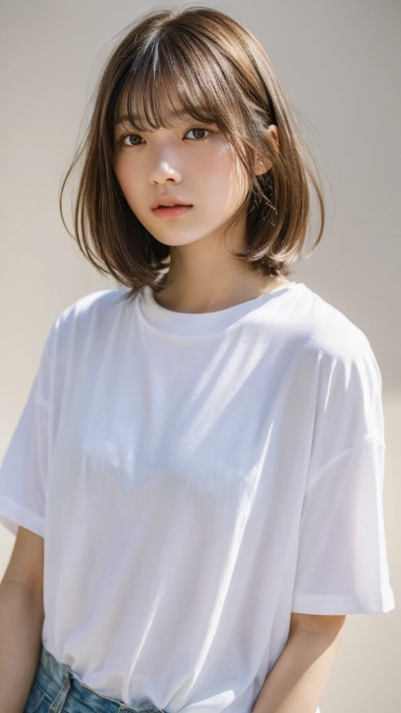 (top-quality、16K resolution)1 girl、solo、natural soft light、、A Japanese Lady、Looking at the camera、white t-shirts、Concrete background、Facing the front、is standing、bobhair、Woman in her late teens、Light bangs、short-hair、Salon model、Natural look、portlate、floated hair、Rolled hair