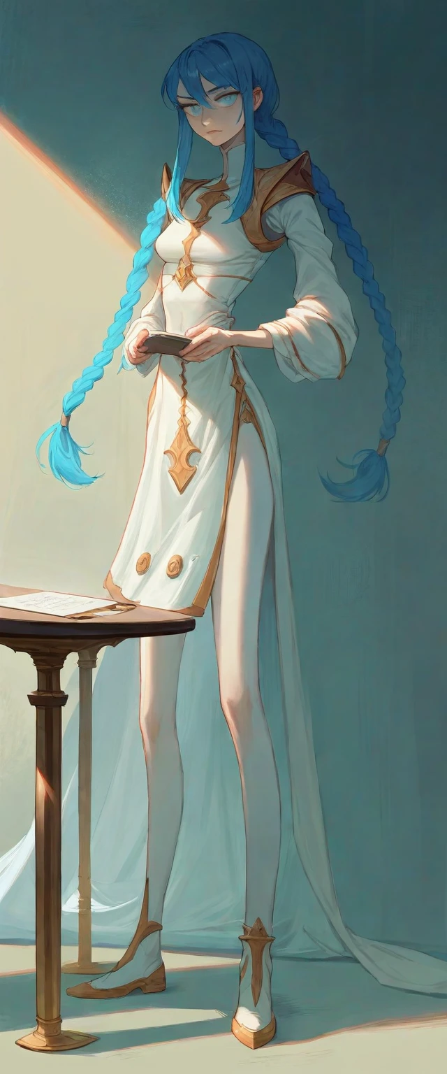 Blue Hair Surrealism, Character table, Reference Table, Standing painting, 8K, Super Detail, 1080P, Women HD, 4K, 8K, 16K, high resolution, best quality, high quality, Anatomically correct, masterpiece, precise, Ultra HD,grace,Unreal Engine,Delicate face,Long braids,slim,Long legs,miniskirt