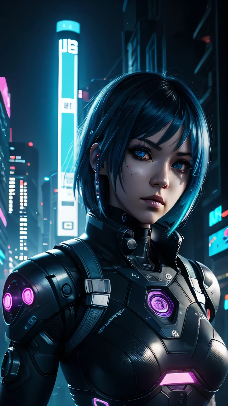 cyborg girl, robot hand, black eyes, cyberpunk city background, neon light, blue hair, masterpiece, ultra high details