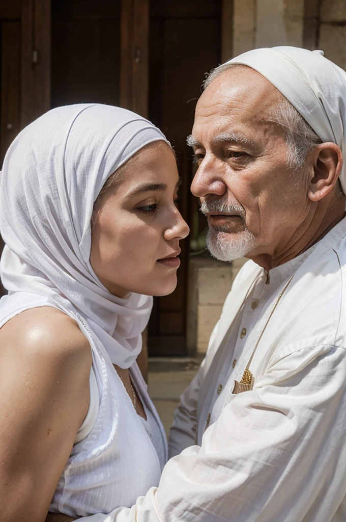 Image of Two people together, man and woman, white, beautiful, Muslims, old men, loving each other 