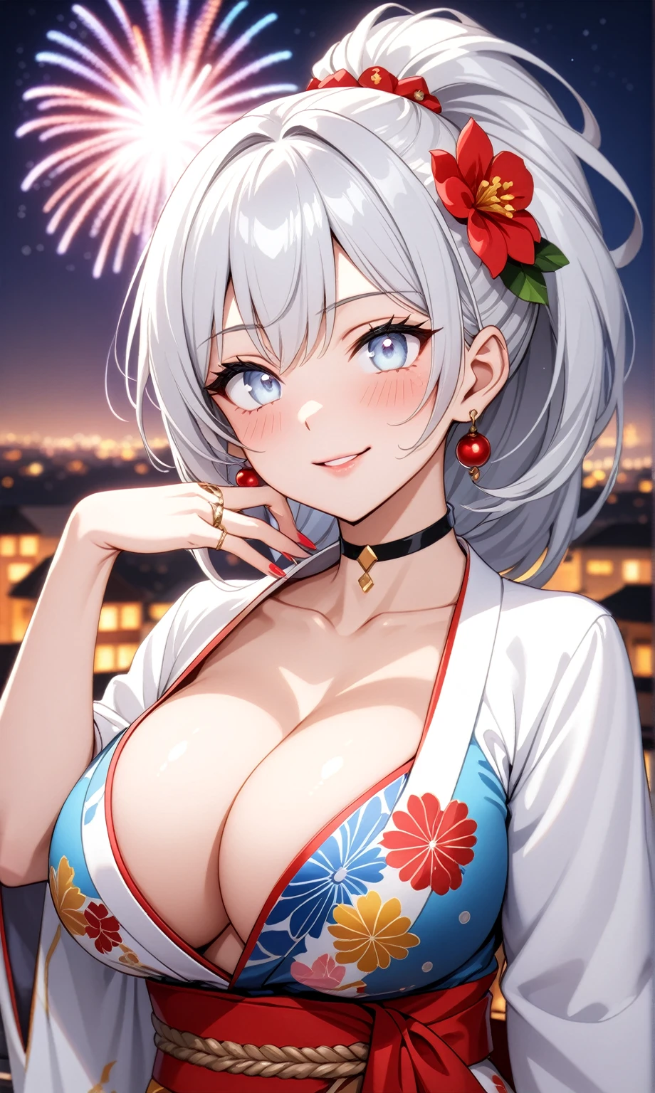 ((one personの女性)), Beautiful Face,Laughing shyly,((wink:2.0)),Laugh with your mouth wide open((Bright red cheeks:1.4)),Glossy pink lips,night,rooftop,Festive decorations,You can see the ocean, firework,Laughing with your mouth open,Glossy pink lips,Lighting on the face,((Anime style background)),masterpiece, Highest quality, so beautiful,Latest, complex details, (Pink long nails),(ring),(bracelet),(choker),AI-generated, complex,High resolution, Highest quality, super high quality,3D Images、View your viewers、3D Images,one person,Long white hair,High Ponytail,(blue eyes),Anime woman posing for a photo, ((Fine grain、Silvery white colorful eyes、Shining Eyes:1.4)),(Squint your eyes:1.1),a hyperRealistic , hyperRealistic , Realistic,Anime woman with long and white hair, Smooth anime CG art, A woman in a colorful kimono with gold embroidery, (Black long sleeve kimono),Red floral pattern,Long flower hair ornament,Big earrings,Mature Body,(Big Breasts:1.1),Tall,Abdominal muscles,Narrow waist,(Zoom in on face:2.0),(Shooting from an angle:1.5),(Tilt the angle:1.3),