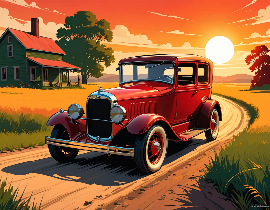 stylized digital art featuring a dark red Ford T jalopy parked by a dirt road through a field during sunset. The sky is painted in warm shades of orange, yellow and red. The jalopy is portrayed from the corner, with its shiny red bodywork. Its wheels are classic, with a white stripe, rubberized tire and shiny metal rim that reflects the light of the setting sun. The jalopy's headlights are on. The field is filled with tall grass that sways in the wind. The grass is represented in shades of green and brown, with some lighter areas, which could be an artistic choice to emphasize the intensity of the scene. The overall art style is reminiscent of comic book art, with bold lines and a limited color palette that enhance the dramatic effect of the scene. Art by Dechko Uzunov, highly detailed vector art, vintage art style, comic book art, digital Ford T, Martin Ansin, by Evan Charlton, sunset!, by Eddie Mendoza, sunset illustration sun, featured art, digital colorful illustration, (masterpiece), best quality