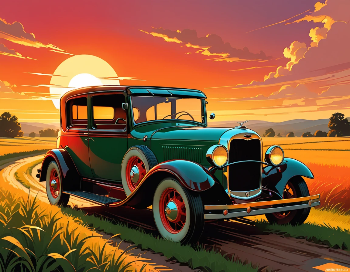 stylized digital art featuring a dark red Ford T jalopy parked by a dirt road through a field during sunset. The sky is painted in warm shades of orange, yellow and red. The jalopy is portrayed from the corner, with its shiny red bodywork. Its wheels are classic, with a white stripe, rubberized tire and shiny metal rim that reflects the light of the setting sun. The jalopy's headlights are on. The field is filled with tall grass that sways in the wind. The grass is represented in shades of green and brown, with some lighter areas, which could be an artistic choice to emphasize the intensity of the scene. The overall art style is reminiscent of comic book art, with bold lines and a limited color palette that enhance the dramatic effect of the scene. Art by Dechko Uzunov, highly detailed vector art, vintage art style, comic book art, digital Ford T, Martin Ansin, by Evan Charlton, sunset!, by Eddie Mendoza, sunset illustration sun, featured art, digital colorful illustration, (masterpiece), best quality