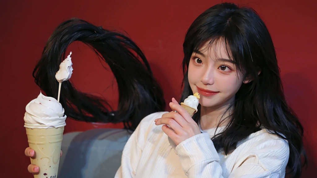 best qualtiy, Ultra-high resolution, (realisticlying:1.4),cute hairpin,1girll,Red long-haired,Quartered sweater ,Blushlush,Beautiful woman with a slim figure:1.4, Pronounced abs,eat ice cream