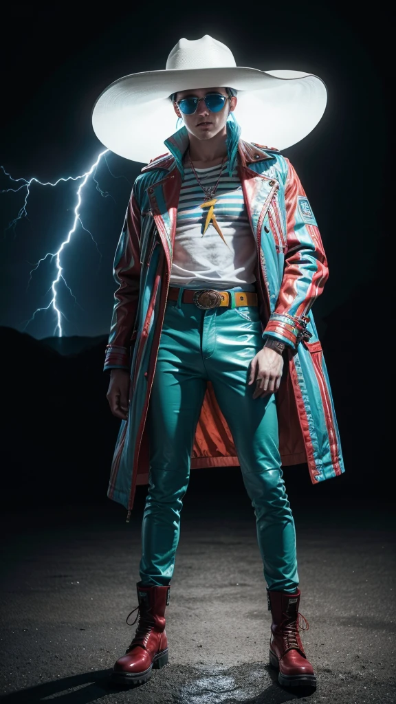 A completely white man, with a cyan cowboy hat, red striped jacket with cyan details, sunglasses, red pants and yellow leather boots, he is on a completely black background, his entire body is visible, full-bodied, Epic lightning, 4K, high details 