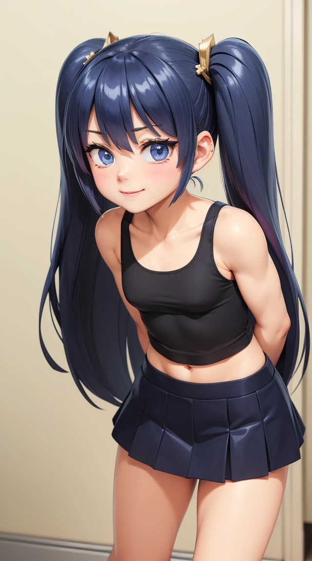(masterpiece:1.3), (Best Quality:1.3), (Ultra-detailed:1.2), ((kawaii)), Cute, (lovely), ((sexy)), ((Extremely detailed)), 4K, (8K), Best Quality, (Beautiful), Illustration, anime style, (bold line:1.2), Gradation, looking at viewer, //, (bent down:1.1), (arms behind back), //, a cute girl, 1girl, (solo:1.2), gleaming skin, //, (flat chested), (Perfect eyes:1.2), (Perfect iris:1.2), //, darkblue hair color, (beautiful eyes) //, (half closed eyes:1.3), (sexual expression:1.2), Fascinated expression, smile, (blush:1.2), //, modern city bacground, on rock, tank top with skirt, twin tails, muscle girl, hard abs