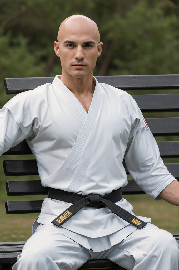 ((8k ((best quality)), ((masterpiece)), (very detailed), real face bald male muscular male upper body wear karate suit sit on bench