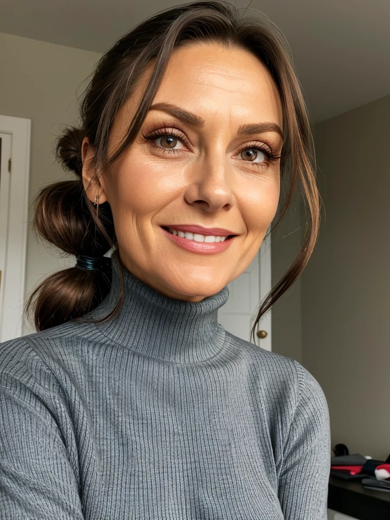 photo of a skinny very old wrinkly-faced faced mature brunette prostitute with fake eyelashes and plump-enhanced lips, messy long hair thrown into a messy bun ponytail. She wears: (turtleneck soft high ribbed bright red super tight sweater:1.1), submissive seductive pose, high tight ribbed neck, seductive smile, perfect fake tits, horny eager granny, russian pornstar wife