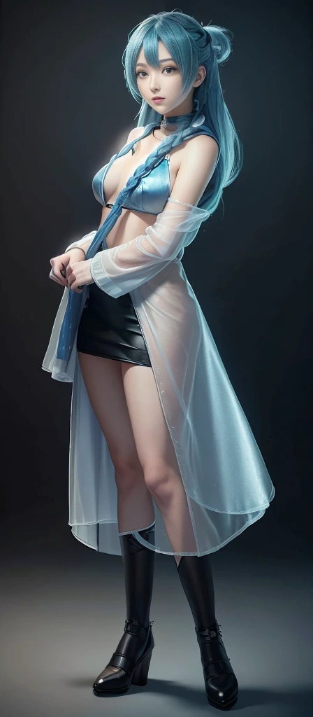 Blue Hair Surrealism, Character table, Reference Table, Standing painting, 8K, Super Detail, 1080P, Women HD, 4K, 8K, 16K, high resolution, best quality, high quality, Anatomically correct, masterpiece, precise, Ultra HD,grace,Unreal Engine,Delicate face,Long braids,slim,Long legs,miniskirt