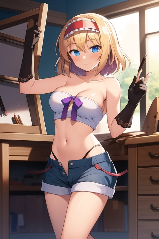 ((best quality)), ((masterpiece)), (detailed), 1girl, Touhou, Alice Margatroid, artisan, artisan tools, artisan workplace background, feminine shorts, short tube top, opened shirt, medium sized , artisan gloves, holding artisan tools smiling expression, full body, wide shot, navel, sun light