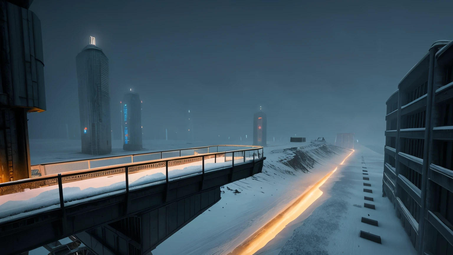 looking down on a massive scale, futuristic, Sci fi ice mining base, poluted, desolate and run down, abandoned, distopia, in dark stormy, wintery, fog, misty weather at night, 3d concept art