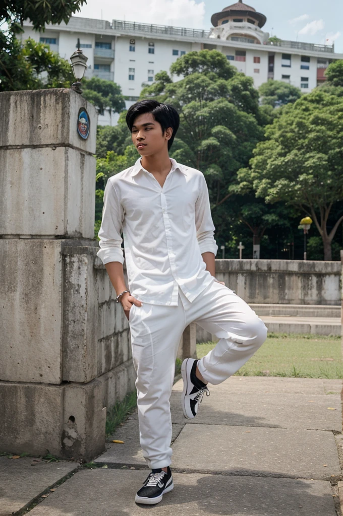 full body look at a man.18 years old, Indonesian, white, black hair.wear clothes.positioned like a statue in the background of the bridge.real.