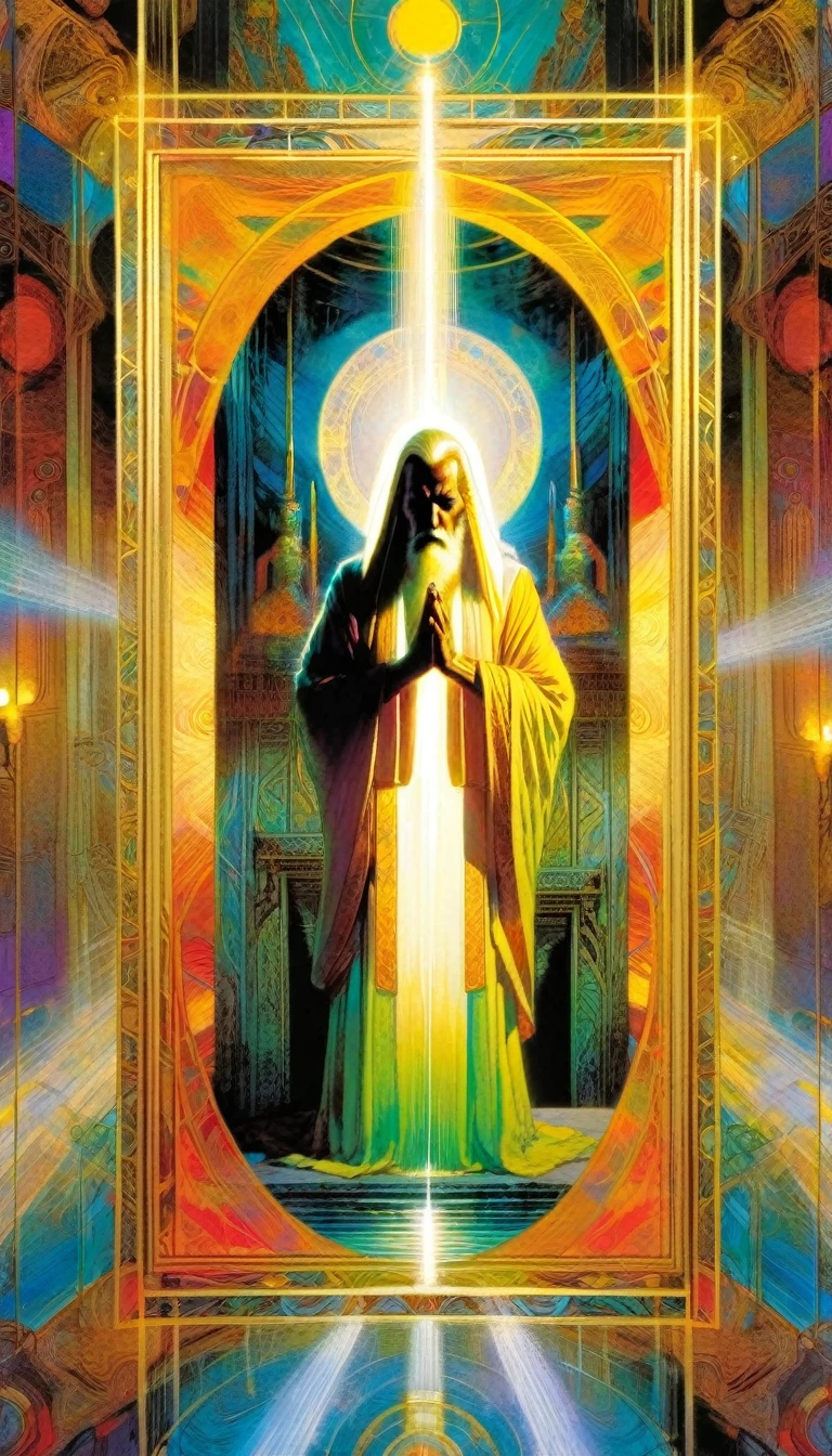 ((tarot card)) ((card frame)) , the high priest,praying in an ancient temple, artwork artwork by Bill Sienkiewicz, vivid colors, intricate details, oil.